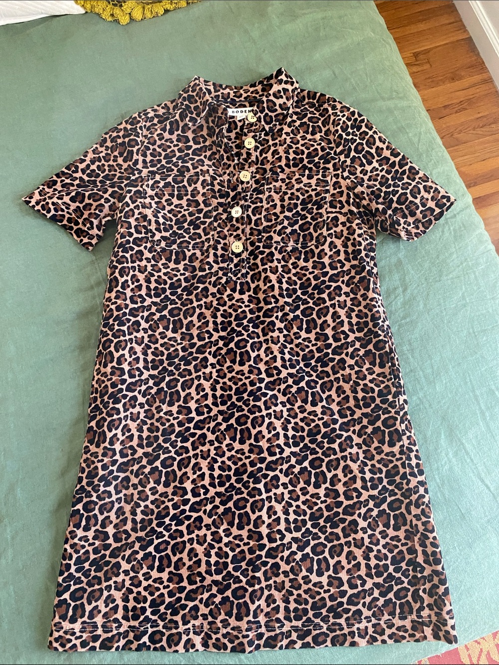 Boden Leopard Print Button-Front Dress in Taupe & Black- Courdoroy